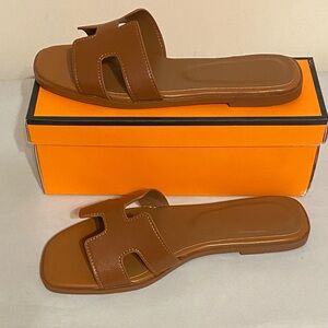 Brown Leather Slide Sandals